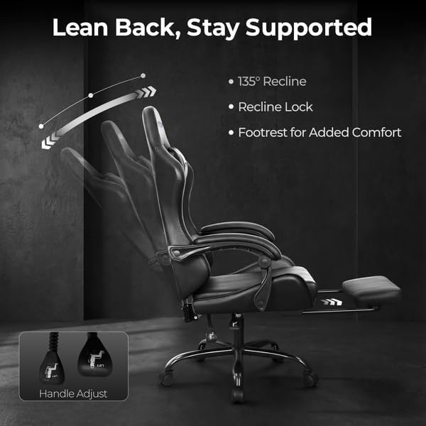 NEO CHAIR Video Gaming Chair with Footrest High Back Ergonomic Comfortable Office Computer Desk with Lumbar Support Height Adjustable with PU Leather Recliner for Adults Women Men (Black)