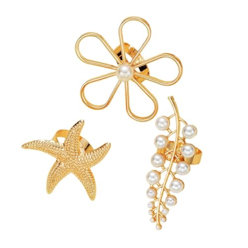 Women's Ocean-Themed Ring Set, 3-Piece Adjustable Open Rings with Starfish, Pearl Branch & Wire Flower Design, Summer Statement Jewelry2