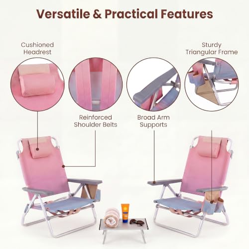 Image of Giantex Folding Beach Chair, Patio Sling Chairs with 5 Adjustable Position, Head Pillow, Storage Bag, Towel Bar, Cup Holders, Backpack Chairs for Sunbathing, Camping Chair