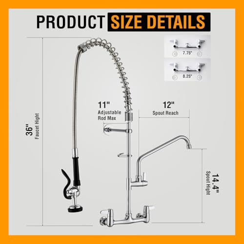 Image of GIMILI Commercial Sink Faucet with Sprayer, 36 inch Height 8 Inch Center Pull Down Wall Mount Faucet for Restaurant, Kitchen, Industrial, Farmhouses Sink