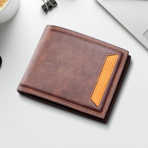 Men Wallet, Soft Leather Men Bifold Wallet Slim Wallet with a Flip ID Window, 9 Cards Slots and 2 Cash Pocket(Brown)