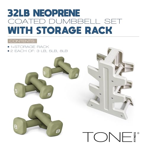 Image of Tone Fitness Neoprene Dumbbell Set with Storage Rack - Non-Slip, Anti-Roll Hand Weights for Home Gym Workouts | 20 lb, 32 lb, 50 lb, 60 lb & 100 lb Options