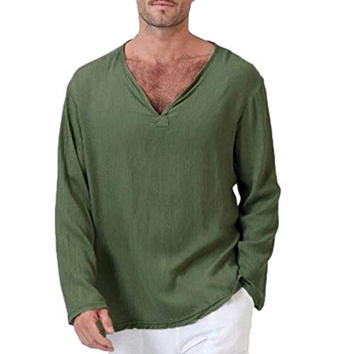 Camiseta Hombre Hombre Ropa Yoga Tops Blusa Hombre para Camiseta Manga Larga Mode De Marca Algodón Lino Tailandés Hippie Camisa, Cuello En V Hombres Camiseta Tops (Color : Armeegrün, Size : M)