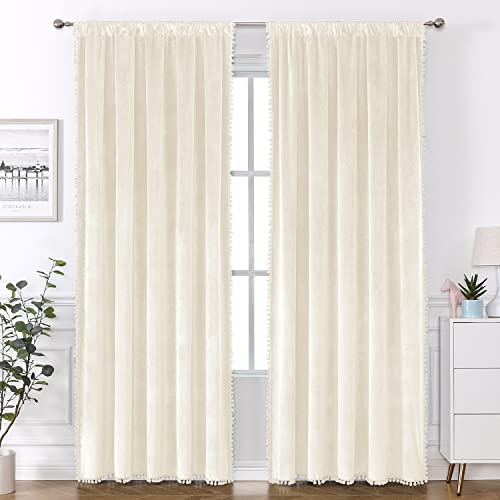Vanasee Pompom Velvet Curtains For Bedroom Rod Pocket 52X96 Inch Soft Blackout Window Curtains Room Darkening Drape Light Blocking For Living Room 2 Panels,Ivory #TOP1