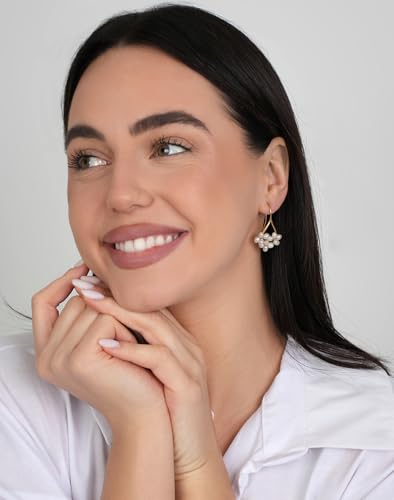 LILY LUSTRE Pearl Earrings for Women - 14k Gold Plated Triple Flower Dangle with Natural Freshwater AAAA Quality Cultured Pearls & Petite CZ Accents, Dainty Fish Hook Earrings for Brides, Bridesmaids, Floral Wedding & Everyday Jewelry2