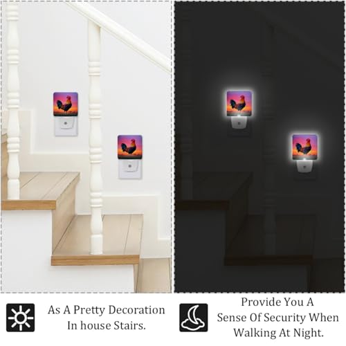 Image of NEWzone Rooster Sunset Night Light Set of 2, Auto Sensor LED Dusk-to-Dawn Nightlights, Plug-in Sensor Lamp for Bedroom Bathroom Kitchen Hallway Stairs Decorative