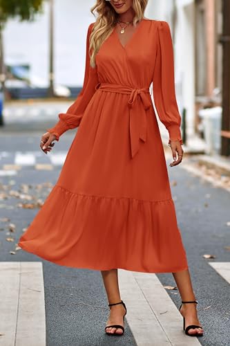 Image of PRETTYGARDEN Women's Floral Boho Dress Fall Long Sleeve Wrap V Neck Ruffle Flowy Maxi Spring Wedding Guest Vacation Dresses
