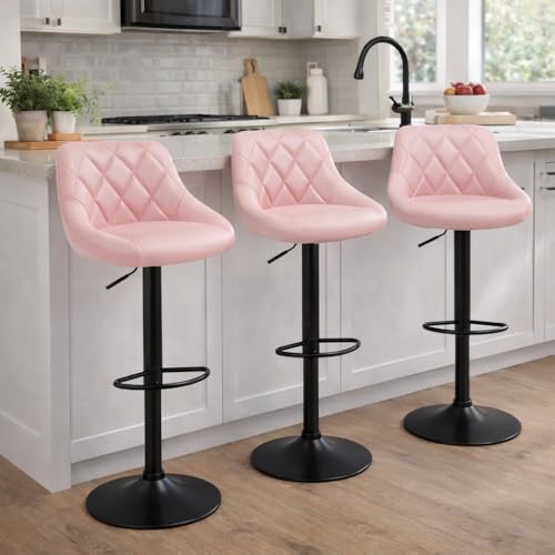 MOF Adjustable Bar Stools Set of 3 Swivel Faux Leather Breakfast Bar Stools with Backrest Counter Height Kitchen Island Bar Chairs/Counter Stools with Footrest Diamond Quilted (Pink)