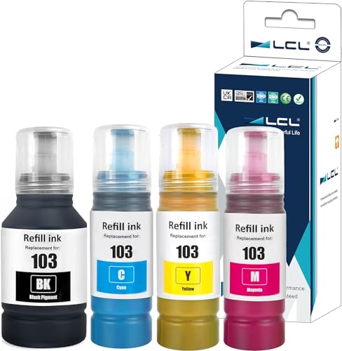 LCL 103 High Capacity Ink Bottle Replacement for Epson 103 Ink Cartridge Bottle Multipack Compatible with Epson EcoTank L1200 L1210 L1250 L3100 L3110 L3111 L3116 L3150 L3151 L3156 L3160 L3210 (4 Pack)