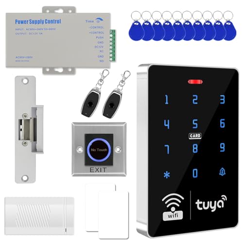 Image of Fredorlokk Tuya WiFi Smart Access Control System Kit – NC electric door lock, IP68 Waterproof RFID Keypad, 12V 5A Power Supply, Exit Button, Door Sensor, 10x 13.56MHz Key Fobs + Add/Delete Cards
