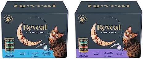 Reveal Natural Wet Cat Food, 12 Pack Bundle, Limited Ingredient Canned, Grain Free, Variety of Fish Flavors & Chicken in Broth, 24 x 2.47oz Cans Reveal Natural Wet Cat Food, 12 Pack Bundle, Limited Ingredient Canned, Grain Free, Variety of Fish Flavors & Chicken in Broth, 24 x 2.47oz Cans