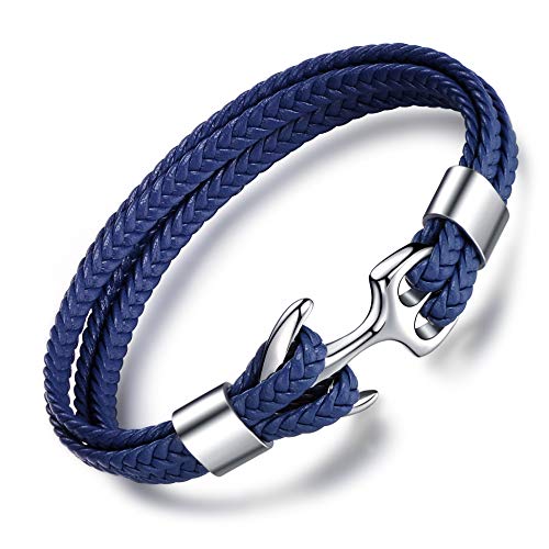 MicLee Men's Handmade Leather Bracelet Multilayer Vintage Anchor Bracelet Cuff Wrap Rope Wristband with Gift Box