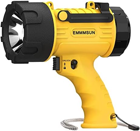 EMMMSUN IP67 Waterproof Rechargeable Spotlight Flashlight, 6000 Lumens Handheld Spotlight with Red Filter & Adjustable Stand, 20Hrs Long Running Spot Light for Boating, Hunting, Fishing (Yellow)
