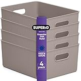 Superio Ribbed Collection - Decorative Plastic Open Home Storage Bins Organizer Baskets, Large Taupe (4 Pack) Container Boxes for Organizing...