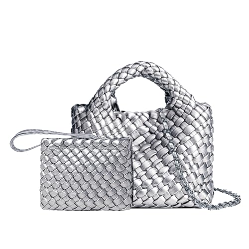 Image of Woven Tote Bag for Women with Coin Purse, Foldable Chain Small Crossbody Handbags, Fashion Shoulder Bag, Hobo Satchel
