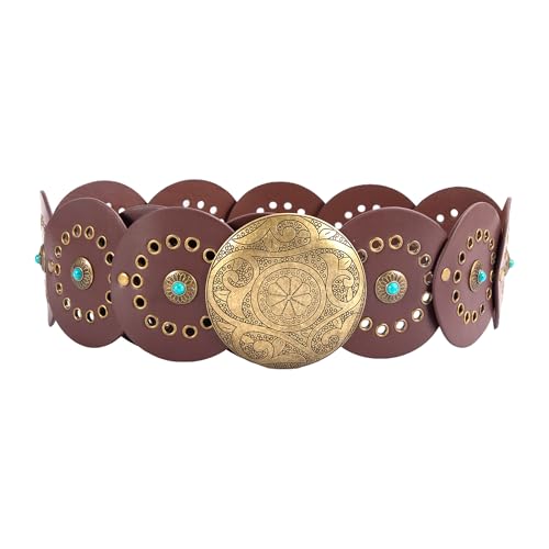 Women’s Boho Western Disc Belt – Vintage Leather Concho Waist Belt for Dress Jeans Skirts, Chunky Country Cowgirl Y2K Grunge