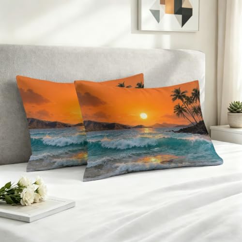 Housse de couette microfibre orange avec motif vagues et palmier