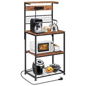 VIVOHOME Bakers Rack with Power Outlet, Microwave Stand with Storage Shelves, Coffee Bar with 5 S-Shaped Hooks, for Kitchen, Dinning Room, Rustic Brown and Black
