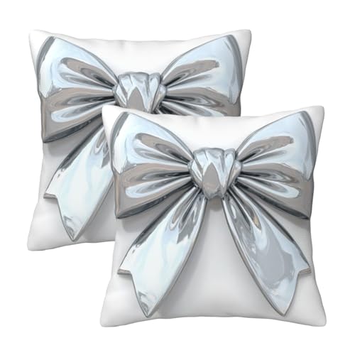 Hayyett Bow Silver Material Cartoon Style Throw Pillows Covers, Couch Sofa Pillow Cases,Zipper Bedding Cushion Cases for Living Room,18x18 Inch