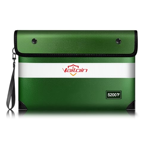 Vailoin Fireproof Money Bag for Cash, 5200℉ Insulated Fire and Waterproof Document Pouch with Water Resistant Zipper,Fireproof Envelopes for Important Documents, Valuables (11"x7.7",Green)
