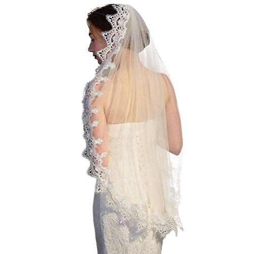 znwiem Hochzeit Braut Schleier Elegant Wimpern Spitze Elfenbein Spitze Applikationen Schleier mit Kamm Hochzeit Zubehör - Creme, 35.4 * 59inches Cover