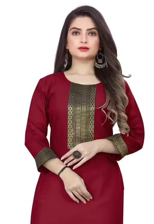 Image of Women Straight Woven Design Cotton Blend Round Neck 3 /4 Sleeve Kurti Only