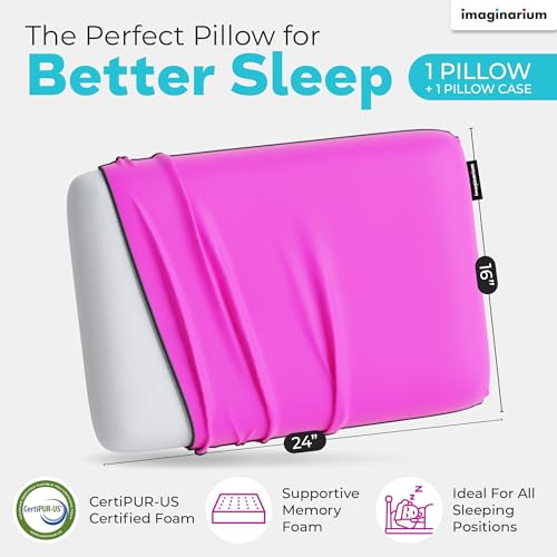 Image of Imaginarium Memory Foam Pillow for Bed - 16 inch x 24 inch Standard - Fun Decorative Colorful Pillow for Sleeping - Back, Stomach & Side Sleepers - Includes Cooling Cover (Party Pink)