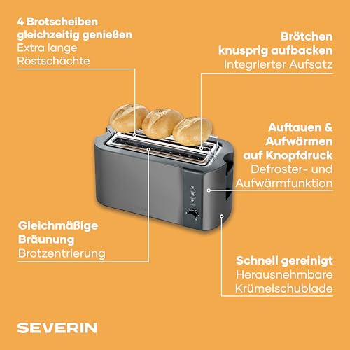 Severin Automatik-Langschlitztoaster, Toaster mit Brötchenaufsatz, hochwertiger Edelstahl Toaster mit großen Röstkammern und 1400 W Leistung, Auftau-Funktion, dark inox/schwarz, AT 9341 2