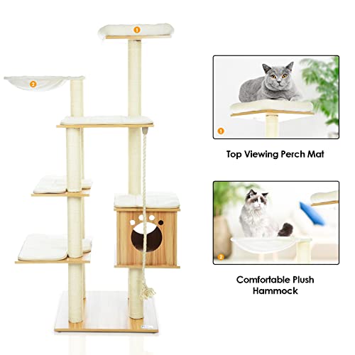 Athlike 69-Inch Large Cat Tree Tower For Indoor Cats, Modern Wood Multi-Level Cat Climbing Stand, Tall Cat Condo Furniture, Cat Activities House W/Sisal Scratching Post, Washable Mats, Perch, Hammock #TOP2