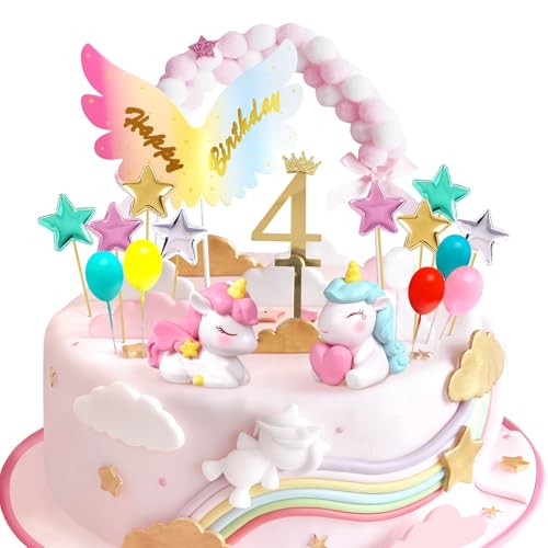 Decoracion Tarta Unicornio 4 Años, Adornos Tarta Cumpleaños Niña Unicornio 4, Cake Cupcake Topper Unicornio, Decoracion Cumpleaños para Niños Niña