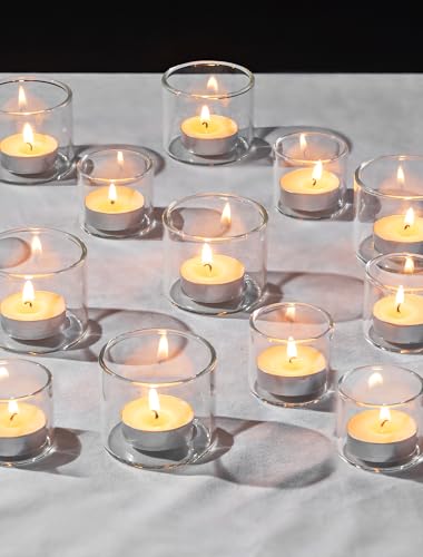 Romadedi Glass Tealight Holders for Table: Set of 12 Clear Votive Candle Holder for Wedding Centerpiece Small Tea Light Holders for Birthday Party Christmas S+L (4.5 cm × 4 cm / 5.5 cm × 5 cm)