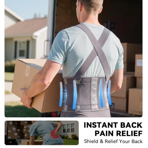 Image of Work Back Brace for Men & Women, Adjustable Lower Back Support Belt for Sciatica, Herniated Disc, Pain Relief, Moving Construction Warehouse Heavy Lifting Safety & Protection (Grey, Large)