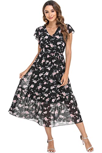 Image of VintageClothing Womens Sundress Casual Floral Summer Boho Dress | Flowy Wrap V Neck Ruffle A-Line Pleated Hem Midi Dresses