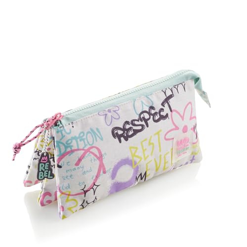 Miquelrius - Portatodo Triple Compartimento, Estuche Escolar, Cierres Cremalleras de plástico Resistente, Tiradores metálicos, Portatodo Estuche de 220 x 115 x 20 mm, Rebel