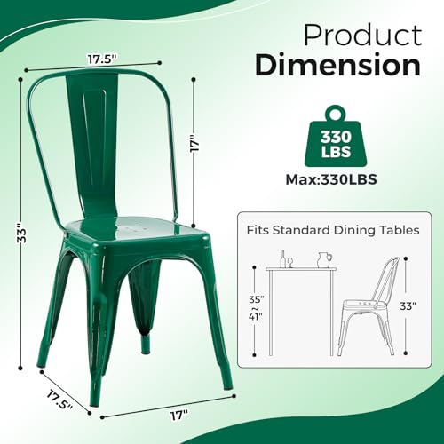 Image of Metal Dining Chairs with Backrest, Stackable, Green, 8 Pack | Easy Assembly, Non-Slip Feet, 330 lb Capacity, Kitchen, Restaurant, Cafe, Pub, Covered Patio
