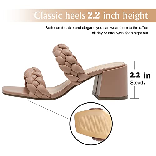 Athlefit Women's Braided Heeled Sandals Strappy Square Open Toe Heels Backless Mules Slip On Block Heels3
