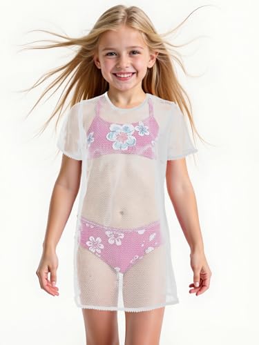 Image of Girls Swim Cover Up Kids Short Sleeve Beach Bathing Suit Bikini Cover Wraps With Pom Pom Trim 4-13 Years