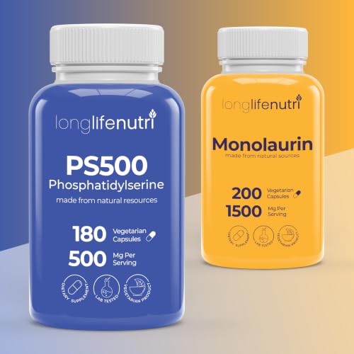 LongLifeNutri Phosphatidylserine 500 mg + Monolaurin 1500 mg Bundle - 180 + 200 Vegetarian Capsules, Memory Strengthening & Gut Balance, GMP Certified, Made in USA