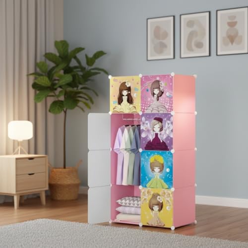 Image of KRISHYAM Kids Modular Storage Cabinet with Cartoon Princess Print Doors, 8 Cube Plastic Wardrobe Organizer, DIY Closet System with Hanging Rod, Toy & Clothes Storage (Baby Print, 8 Box)