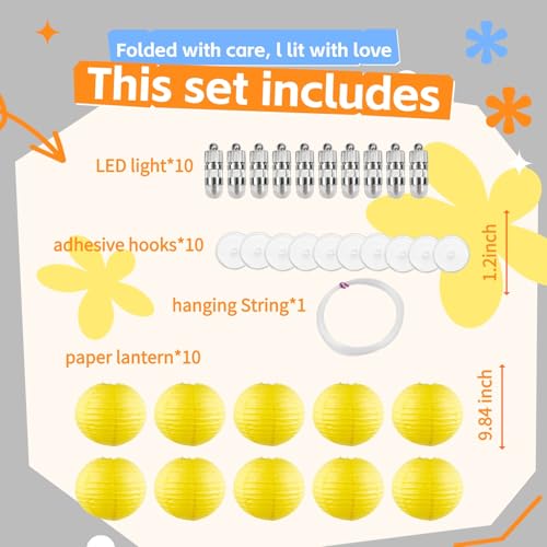 Image of Yellow Chinese Paper Lanterns with LED Lights, 10-Pack 10inch