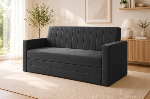 Image of Los Angeles Modern Velvet 3-Seater Sofa Cum Bed with Armrest, Multipurpose Convertible Sleeper Couch Sofa for Living Room, Bedroom & Office- Black Color
