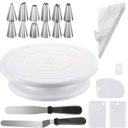 69 Pcs Cake Decorating Kit 11 Inch Cake Turntable Set with 50 Piping Bags 12 Icing Tips 3 Smoothers and 2 Palette Knives Cake Decorating Supplies for Beginners