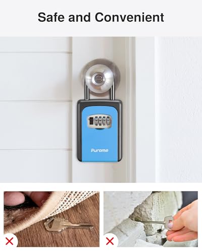Image of Puroma Large Key Lock Box With Resettable Combination Code, Portable Wall Mount Waterproof Security Safe for Outside, Outdoor Home Office Door Handle House Key, Blue (1 Pack)