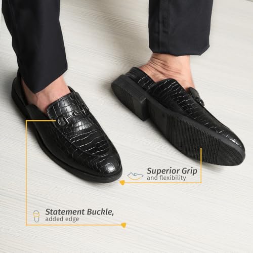 Image of YOHO Lofos Mules for Men | Open Back Cut Comfortable Loafers | Stylish, Flexible Slip-On Formal Shoes with Footpharma Footbed
