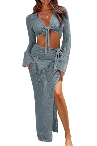 Image of Cakulo Women's Crochet Cover Up 2 Piece Beach Skirt Sets | Hollow Out, Tie Front Crop Tops, Bell Sleeve, Sarong Wraps, Swimsuit Bathing Suit Coverup, Resort Wear Beach Vacation Outfits