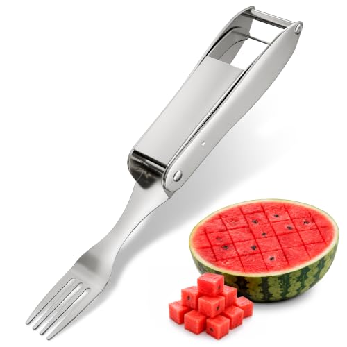 Image of 2-in-1 Watermelon Cutter Slicer Tool, Watermelon Fork, 304 Steel | Fruit Cutter Tool that Cube Mango, Cantaloupe & Dragon Fruit for Parties, Picnics & Summer Salads by Dual-Sided Blades