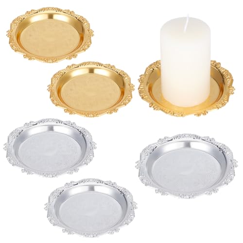 OLYCRAFT 6 portavelas de hierro de 15 cm de diámetro, bandeja redonda plateada y dorada para velas decorativas para mesa de café, encimera, decoración del hogar