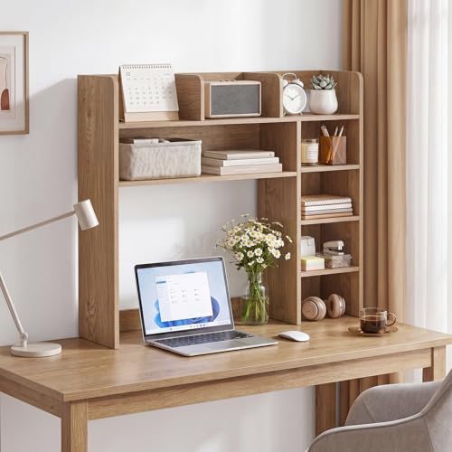 Tangkula Desktop Bookshelf with LED Lights, Desk Hutch with 8 Shelves for Max 25" Monitor, Desktop 5-Tier Display Rack, Multipurpose Wood Desktop Storage Hutch Organizer for Dorm Office Home (Natural) - Image 3