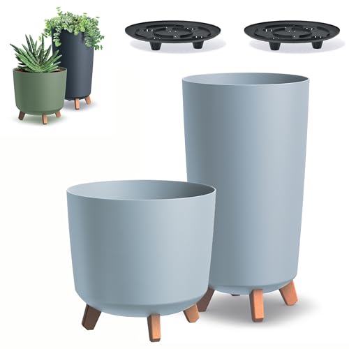 DIKEL 2X Runder Blumentopf Gracia ⌀ 19,5 cm x 36,5 und ⌀ 24 cm x 44,5 cm | Pflanzkübel mit 4 Steckfüßen | Übertöpfe für drinnen und draußen | Pflanzentopf Dekoration für Haus und Garten | Grau