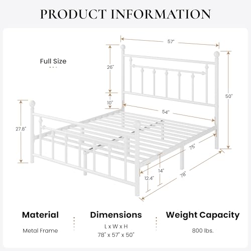 SHA CERLIN 14'' Full Size Metal Platform Bed Frame/Victorian Headboard and Footboard/Steel Slats Mattress Foundation for Storage/No Box Spring Needed/Noise Free/White
